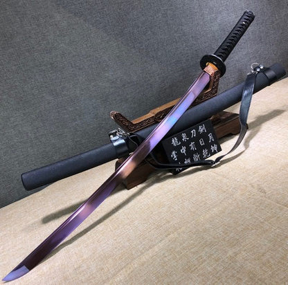 Purple Katana,High carbon steel blade,Leather scabbard,Full tang