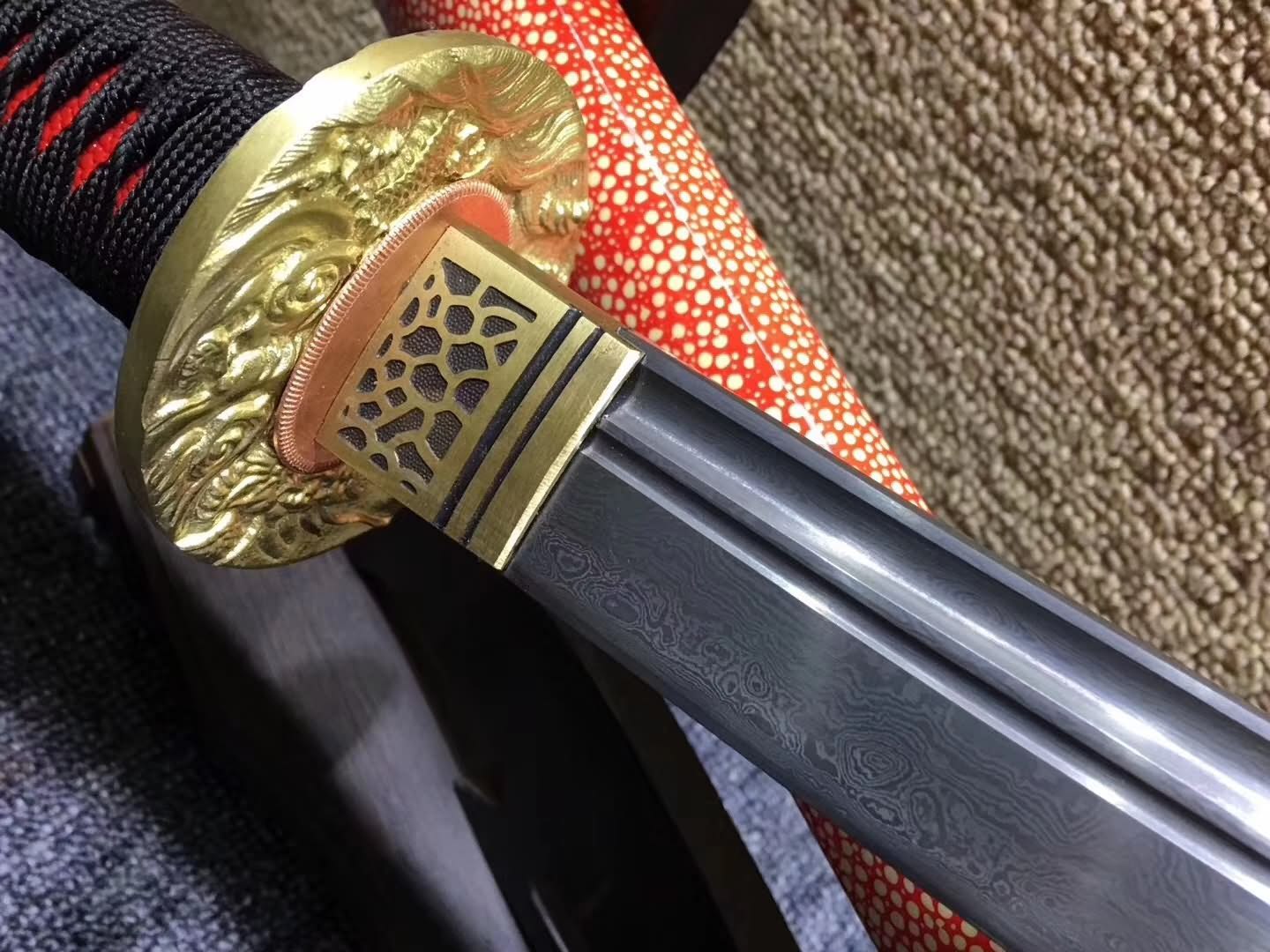 Tachi,Damascus steel,Red skin scabbard,Length 48"