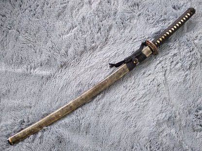 Samurai sword,Katana,Damascus steel burn blade,Skin scabbard,Brass tosogu