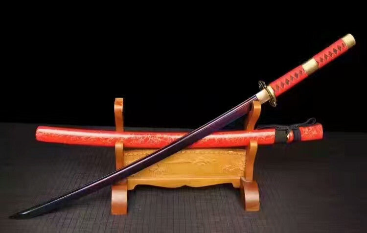 Samurai sword,High carbon steel burn blade,Red scabbard,Alloy tsuba,Full tang