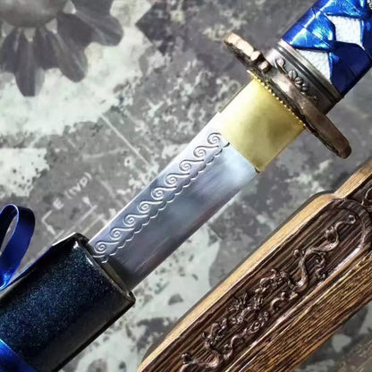 Katana,High manganese steel surface etched pattern,Blue scabbard,Full tang,Length 29 inch