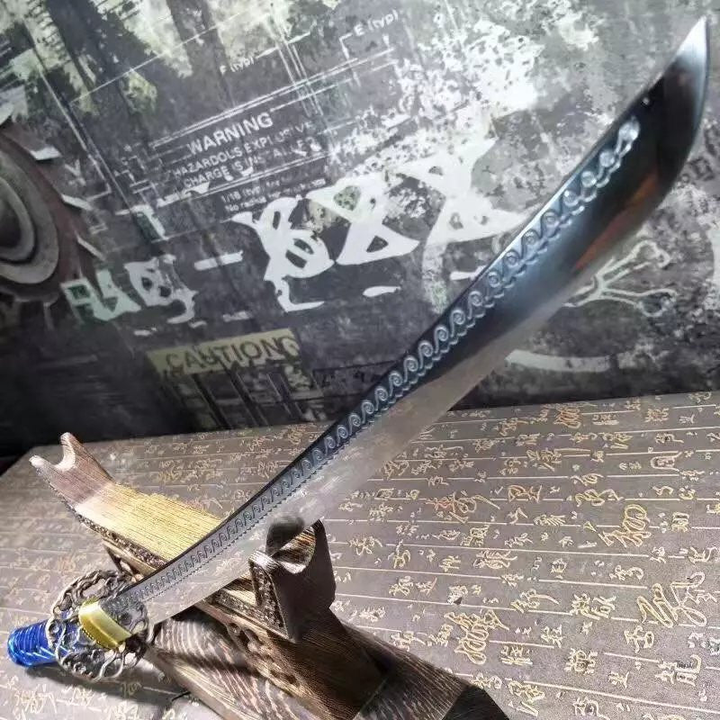 Katana,High manganese steel surface etched pattern,Blue scabbard,Full tang,Length 29 inch