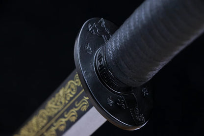 Qing dao sword,High carbon steel etch blade, Leather wooden scabbard