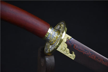 Qing dao sword,Damascus steel red blade,Redwood scabbard