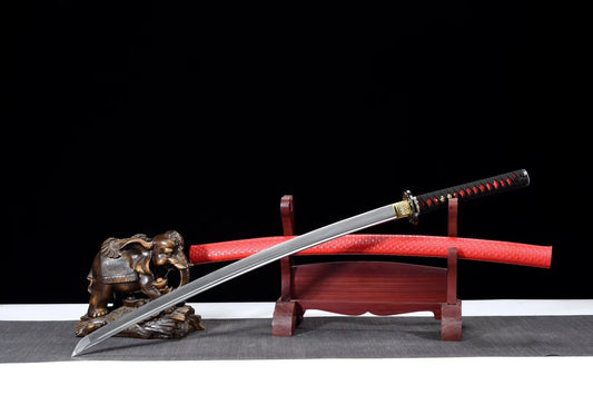 Red samurai sword,High carbon steel blade,Leather scabbard