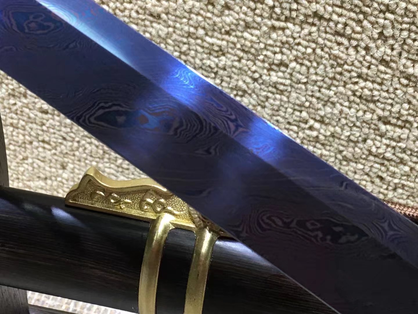 Tang dao,Damascus steel blue blade,Ebony scabbard,Brass fittings