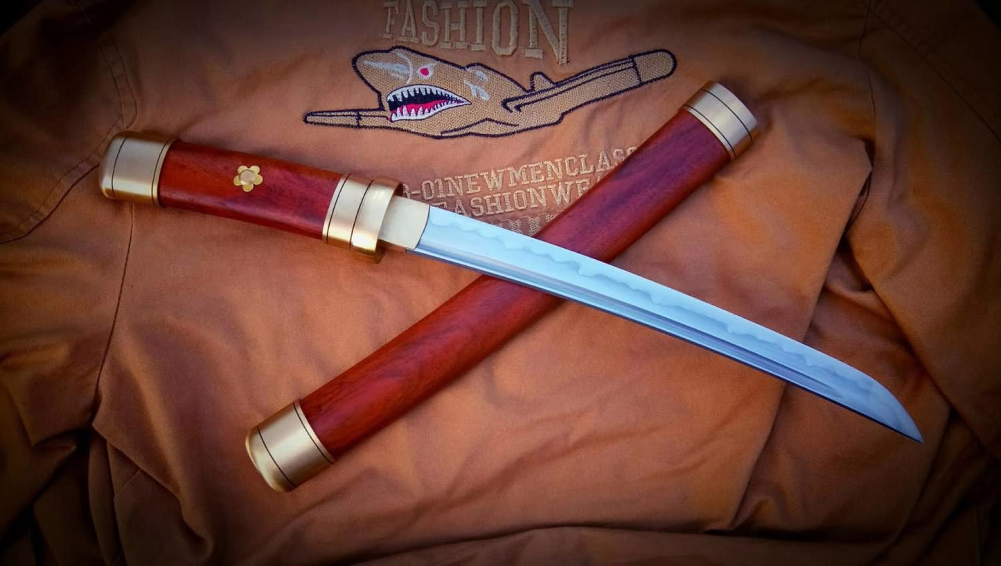 Katana,Damascus steel turn blade,Brass,Redwood scabbard