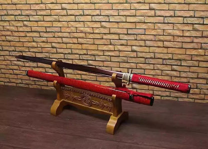 Katana,Ninja Sword,Folded steel red blade,Wood scabbard,Alloy fitting,Full tang,Length 39 inch