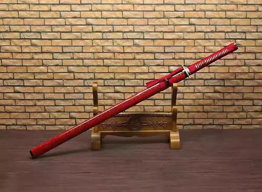 Katana,Ninja Sword,Folded steel red blade,Wood scabbard,Alloy fitting,Full tang,Length 39 inch