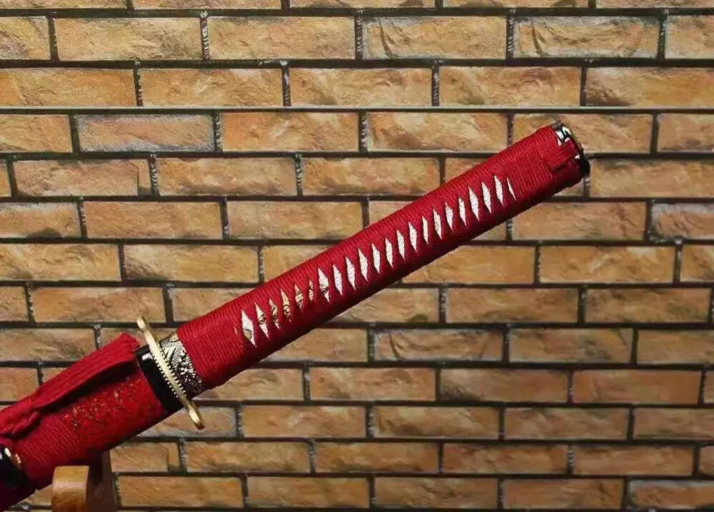 Katana,Ninja Sword,Folded steel red blade,Wood scabbard,Alloy fitting,Full tang,Length 39 inch