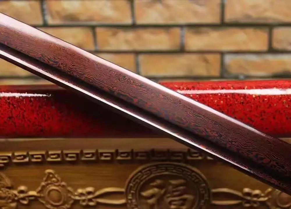 Katana,Ninja Sword,Folded steel red blade,Wood scabbard,Alloy fitting,Full tang,Length 39 inch